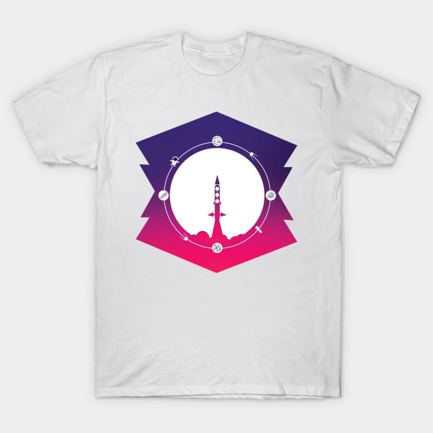 Rocket In Pink Space T-Shirt by TheCreativeBros